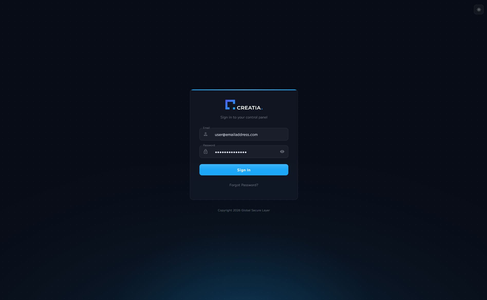Creatia portal — Login (dark mode)